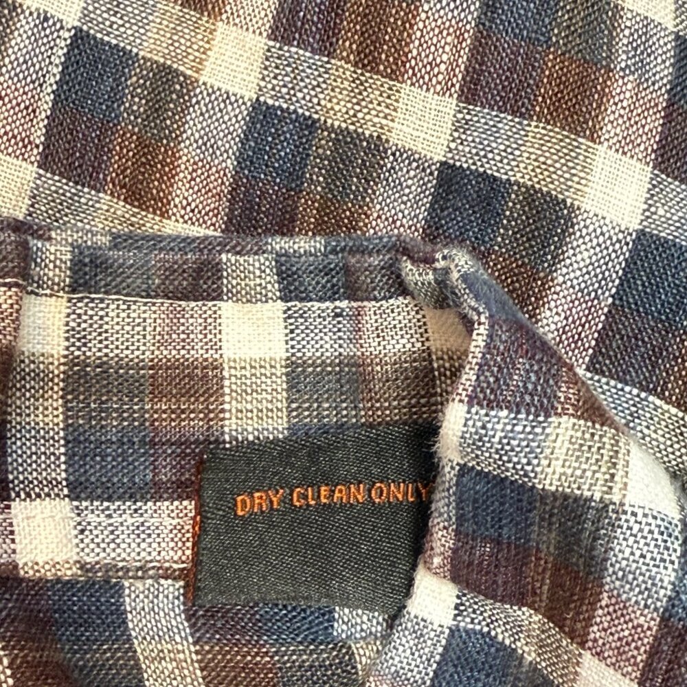 Cigar Couture Mens Medium Plaid Linen Button-Up Shirt Blue Brown Beige - Picture 4 of 8